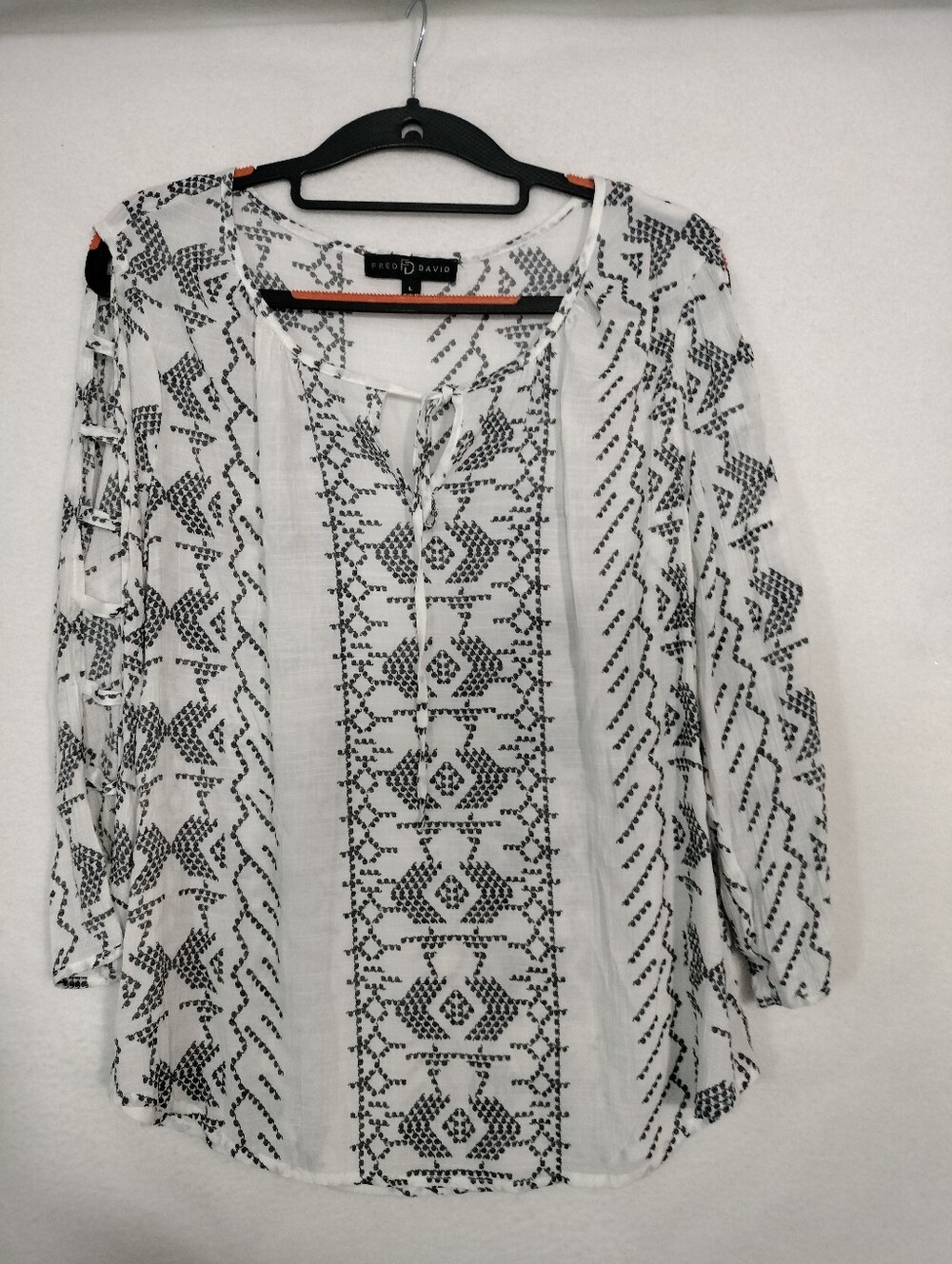 Fred David White Blouse with Black Geometric Embroidery